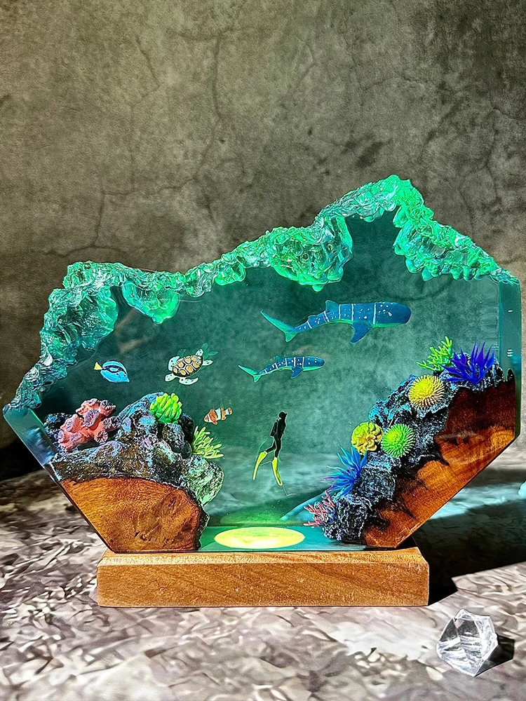 الراتنج مصباح الحوت الأحدب موضوع ضوء الليل الإبداعية فن الديكور الحياة البحرية المشهد الصغير الجدول مصباح USB شحن