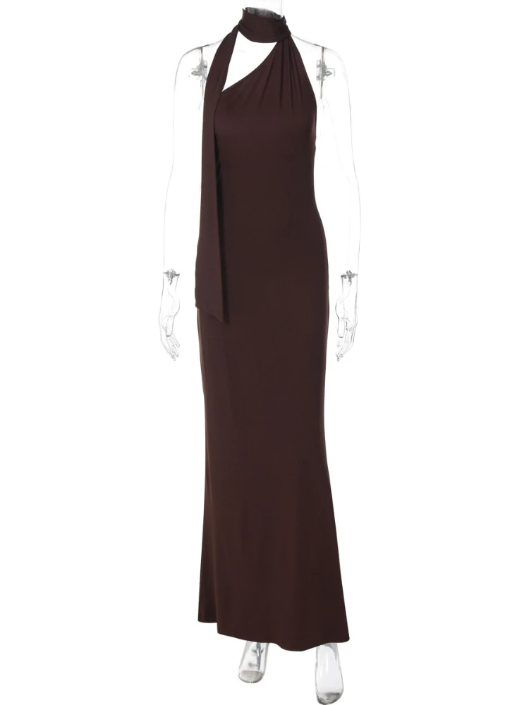セクシーなワンショルダーマキシドレス、女性用エレガントなブラウンのホルターネック、ノースリーブ、バックレス、スリムなボディコンロングガウン、イブニングパーティーウェアに
