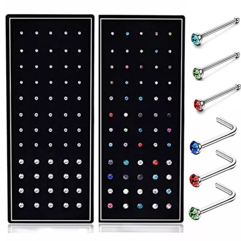 40/60Piece Stainless Steel Nose Stud Set Crystal Nostril Piercing Hoop Bulk L Shape Nose Ring Pack Piercing Nariz Body Jewelry