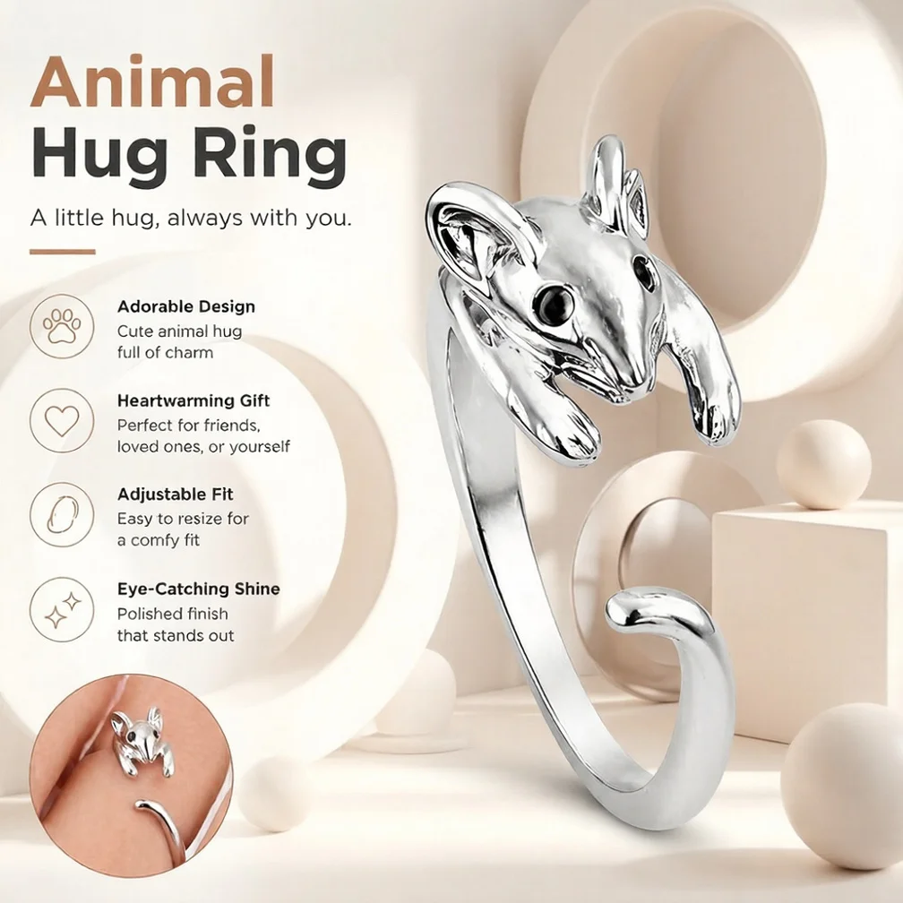 Cute Animal Hug Open Ring Women Adjustable Alloy Finger Ring Kawaii Punk Style Animal Wrap Ring Jewelry Gift for Girls