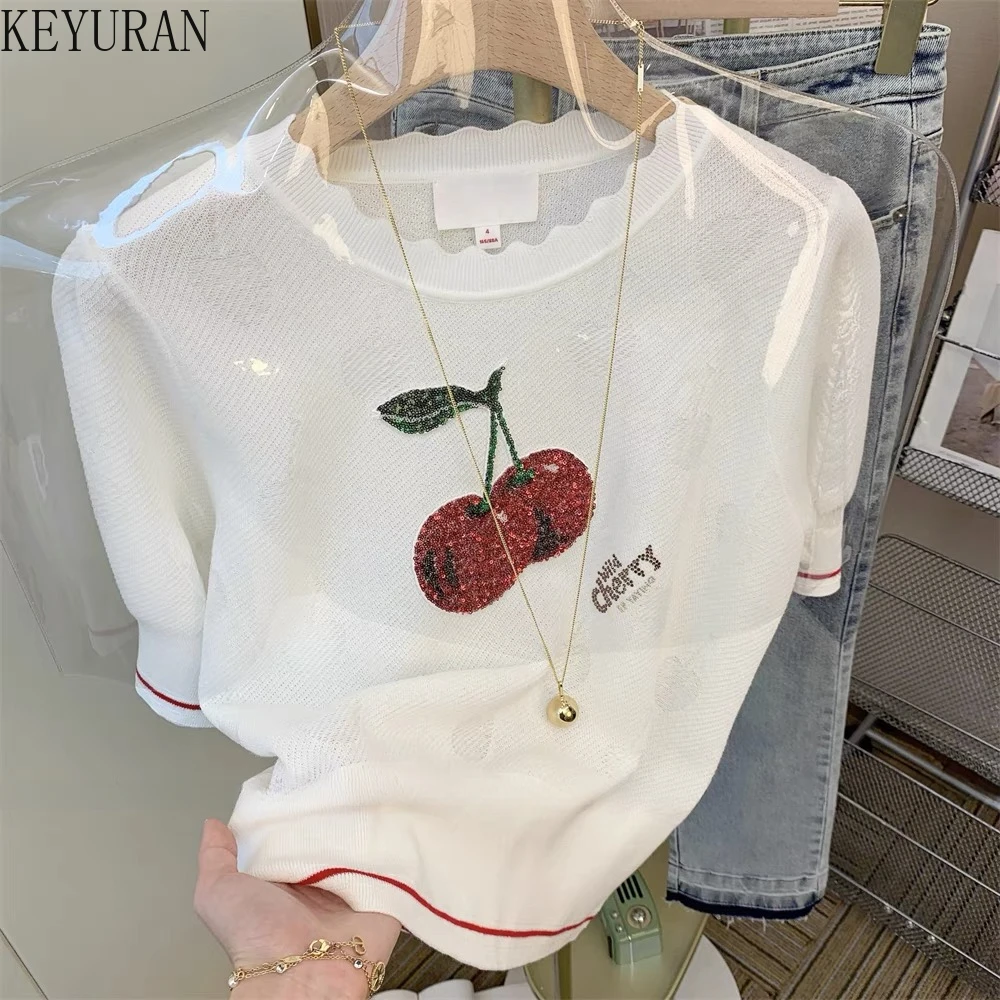 Korean White Cherry Sequins Short-sleeved Knitted T Shirt Sweater Women 2024 New Summer Loose Casual Fashion Knitwear Crop Tops