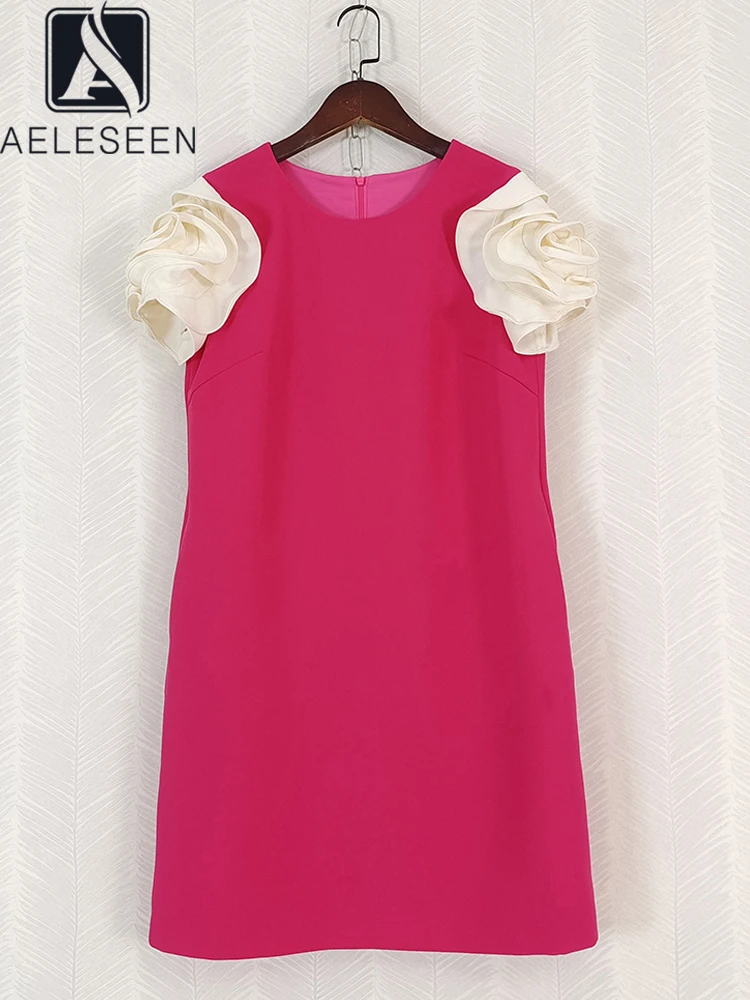 

AELESEEN Women Rose Red Mini Dress Design Fashion Sping Summer 3D Flower Sleeve Patchwork Slim Sweety Elegant Casual Holiday