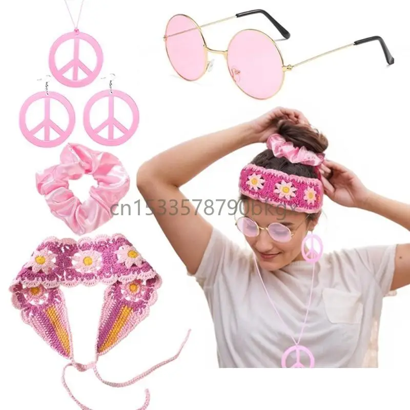 

1970s Hippie Costume Jewelry Set Knitted Headband Necklace Earrings Glasses Hair Band for Women Cosplay Music Concert J78E