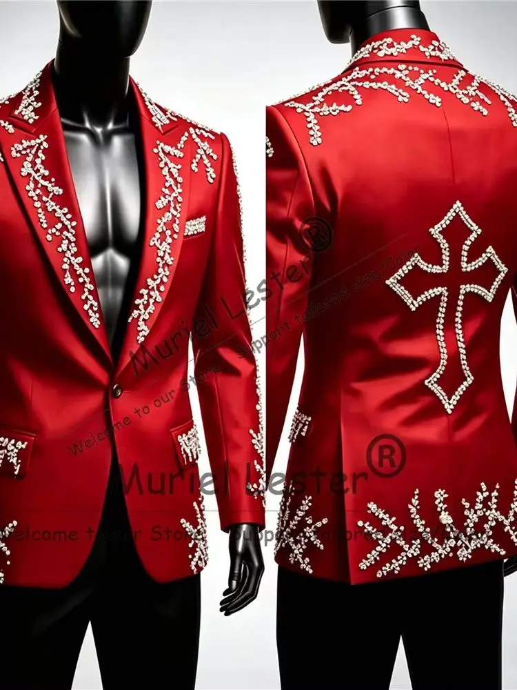 Man Unique Design Tuxedo Suits Sparkly Jewelry Stones Ornament Prom Blazer With Black Pants 2 Piece Sets Groom Wedding Attire