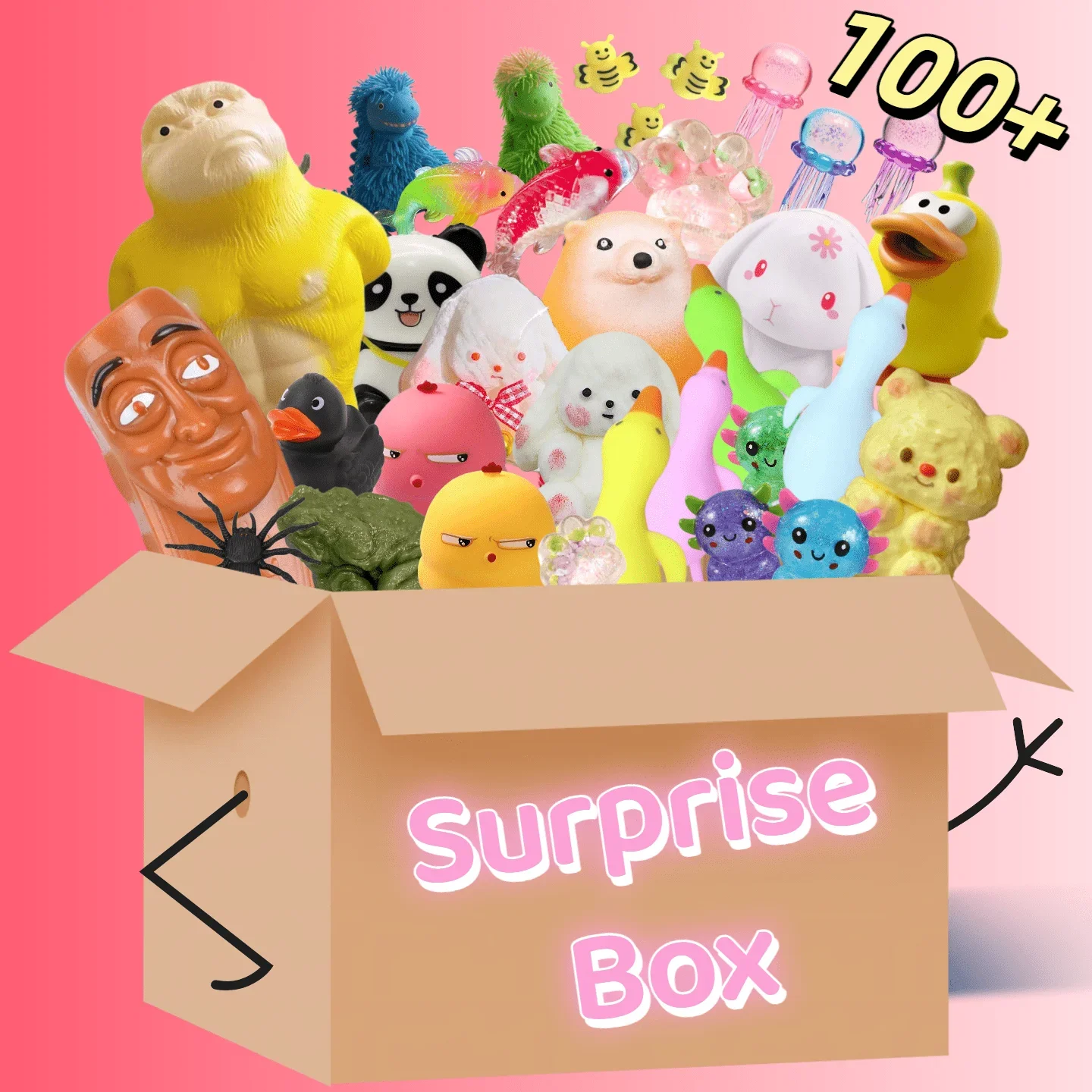 100Pcs Slow Rebound Squishy Blind Box Toys, Assorted Stress Relief Fidget Toys Set with Giant Yellow Gorilla, Moai Head, Panda, Rabbit, Duck, Jellyfish, Axolotl Figures, Mystery Surprise Party Favors Sensory Squeeze Toys