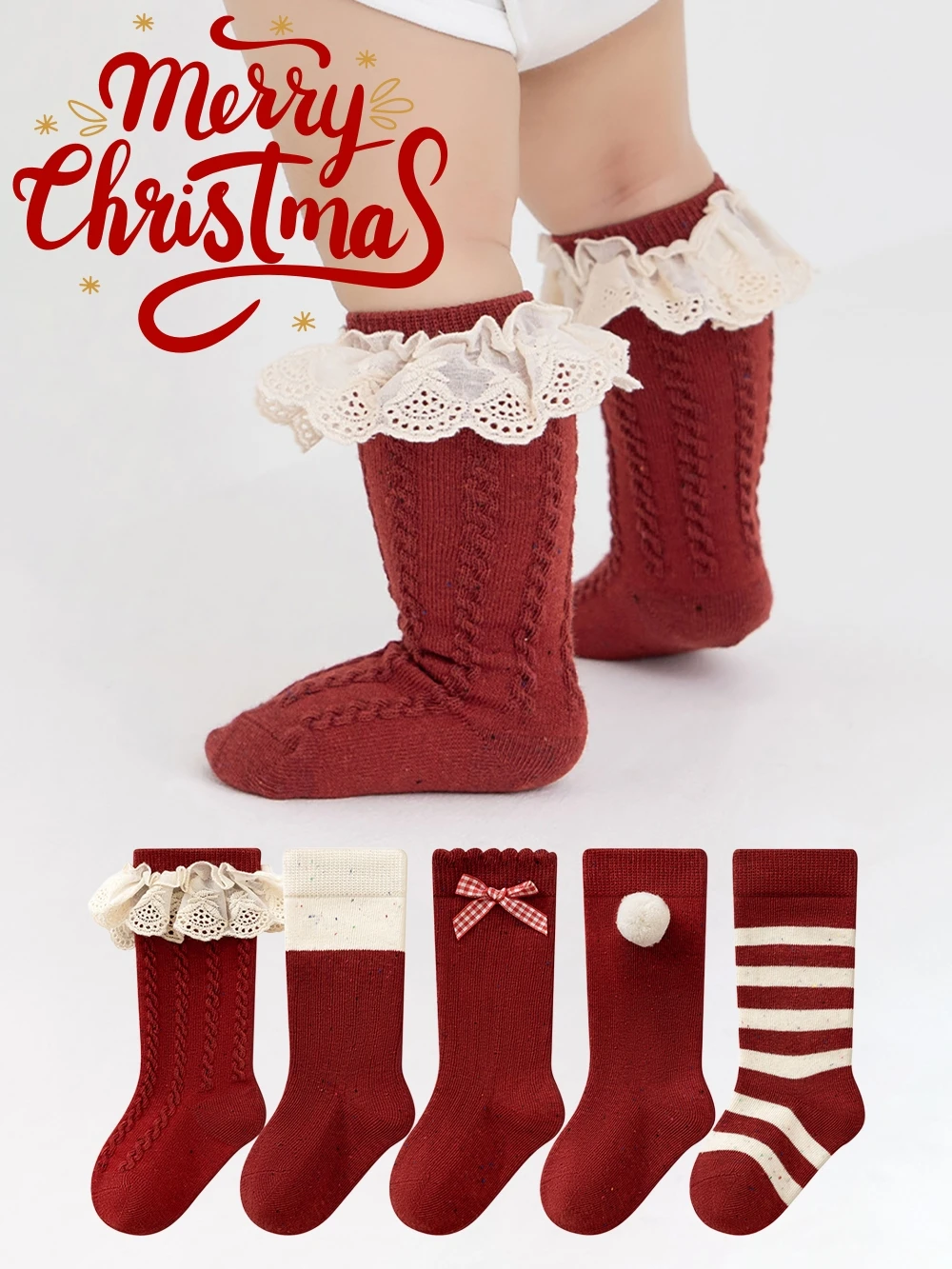 Children's Socks Christmas Day Red Socks for Girls 0-8T Lace Stripe Baby Socks Autumn Breathable Kids Knee-high Socks