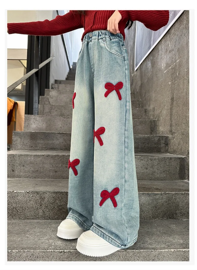Winter-Jeans aus Lammfell für Mädchen, 4-14 Jahre, Teenager-Mädchen, Jeanshose mit integrierter Schleife und Fleece, lockere Herbst-Jeanshose für junge Mädchen – Detail 12