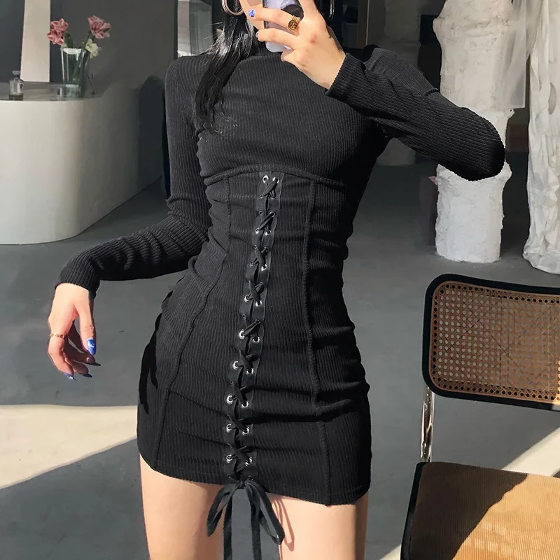 

Caofeimao Tie Up Bandage Black Bodycon Dress Autumn Basic Long Sleeve Knitted Mini Dresses Ladies Skinny Casual Winter Fashion