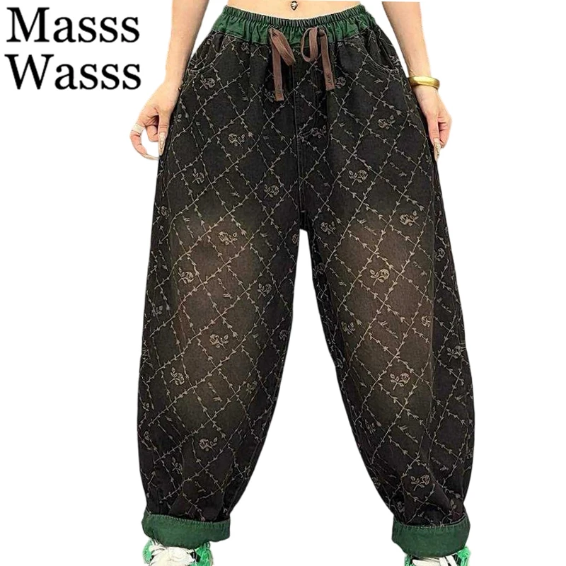 Masss Wasss Fashion Embroidery Jeans Womens Fashion Floral Mesh Denim Pants Ladies Classic Elastic Waist Vintage Harem Trousers