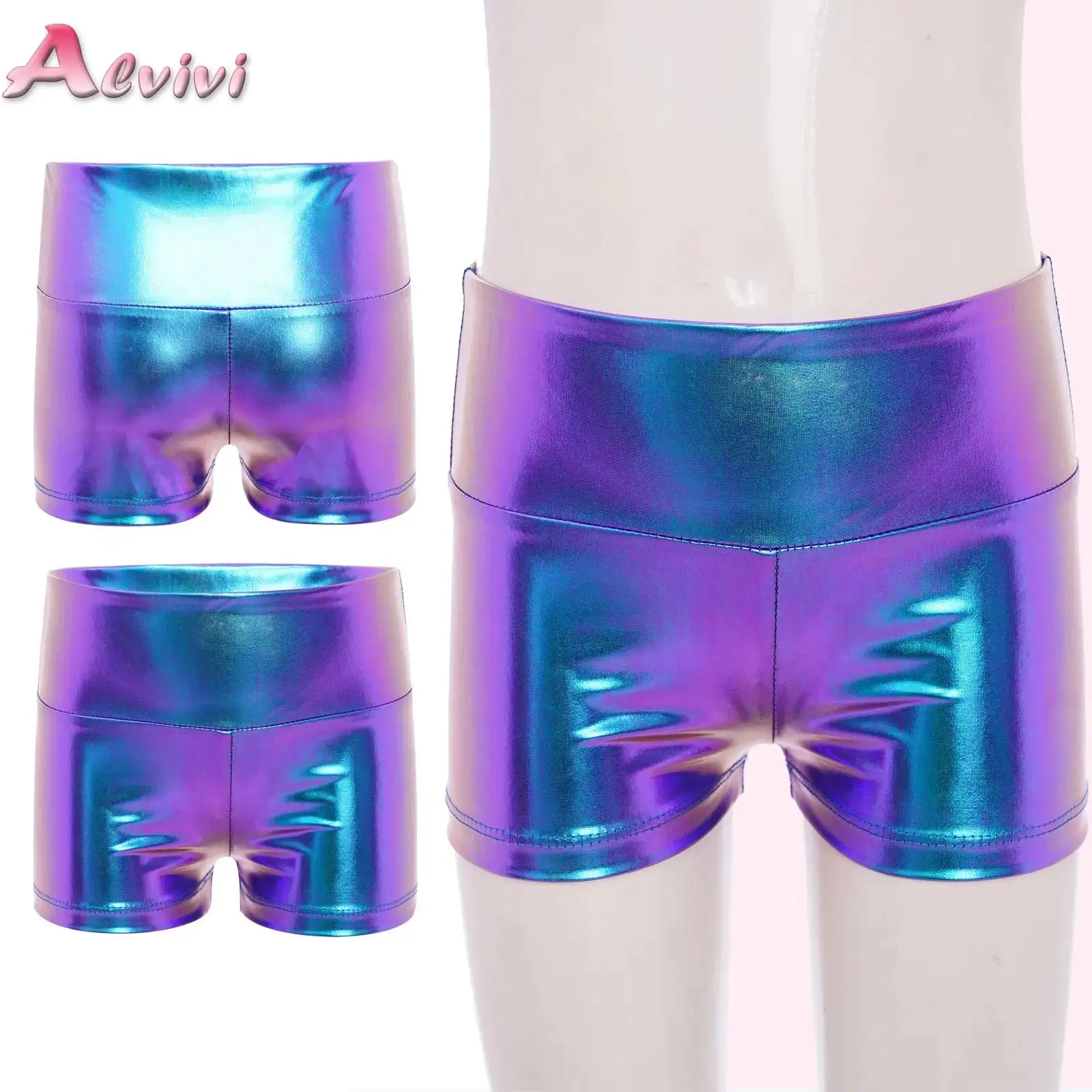 Kids Girls Shiny Metallic Sports Shorts Leggings Boy-cut Slim Fit Gymnastics Ballet Dance Workout Fitness Tumbling Booty Shorts