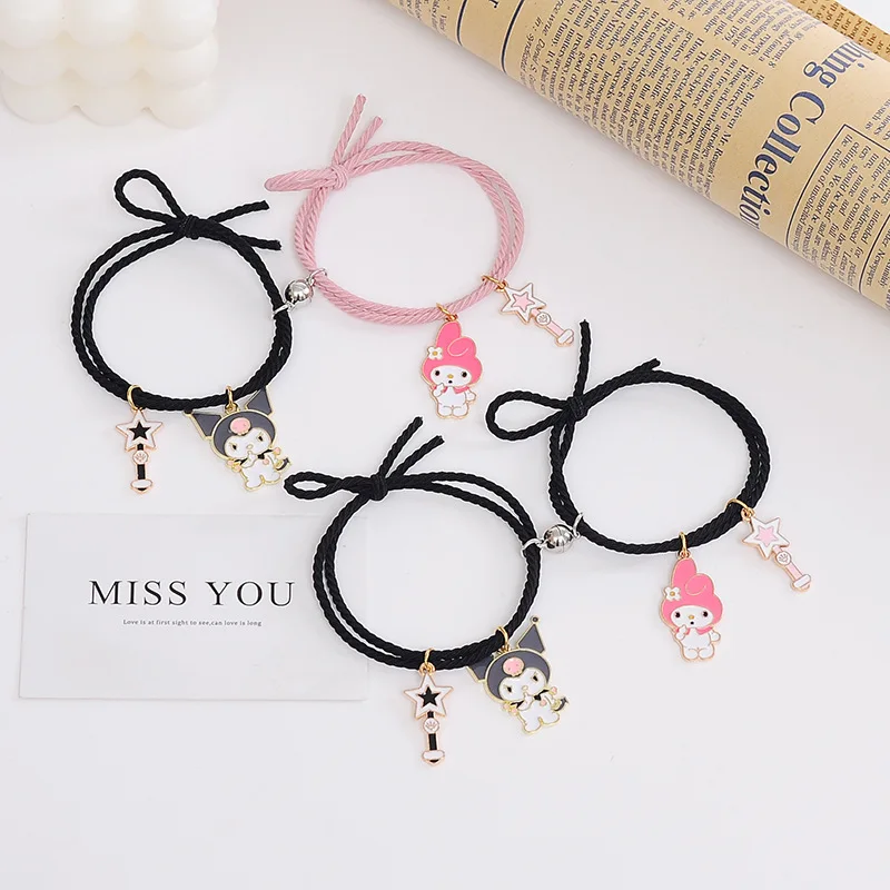 1 Pair Sanrio Bracelet Magnetic Small Rubber Band Couple Kuromi Melody Cute Cartoon Aluminum Alloy Pendant Accessories Girl Gift