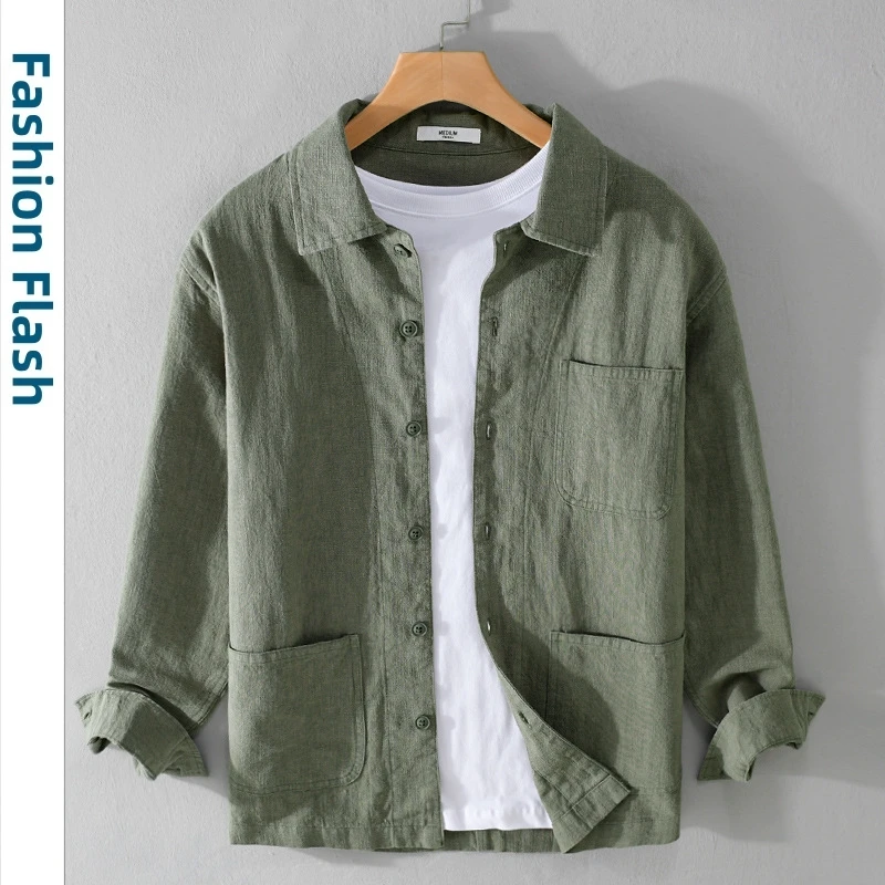 

Сплошной цвет, повседневные рубашки с длинным рукавом для мужчин, хлопковая и льняная мягкая уличная одежда, корейская одежда, блузка, мужская рубашка 2024, весна 4XL