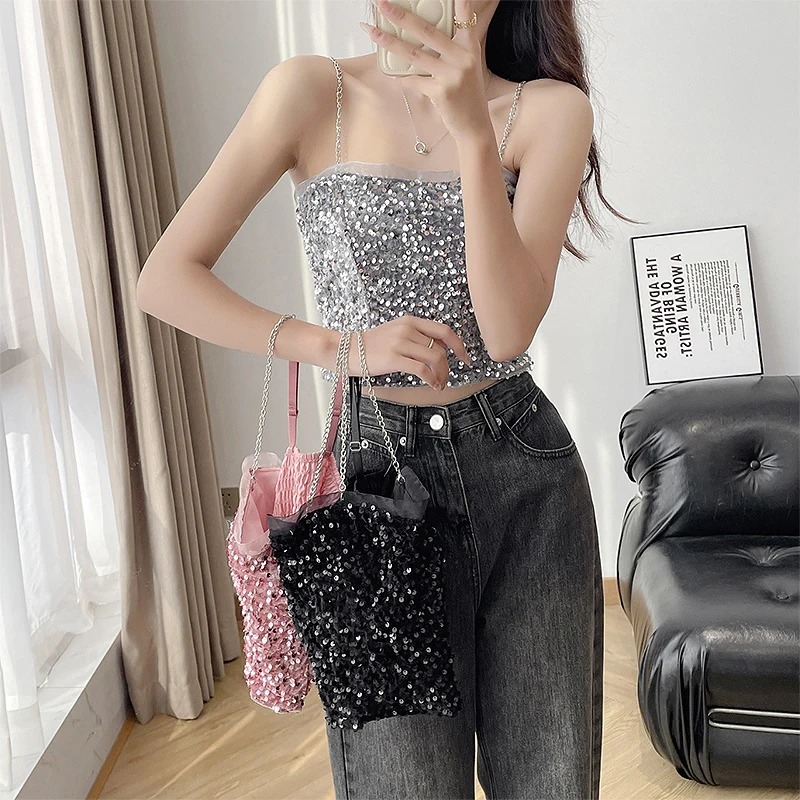 Summer Sexy Sequin Tank Top Women Chain Straps Sleeveless Slim Camisole With Chest Pad