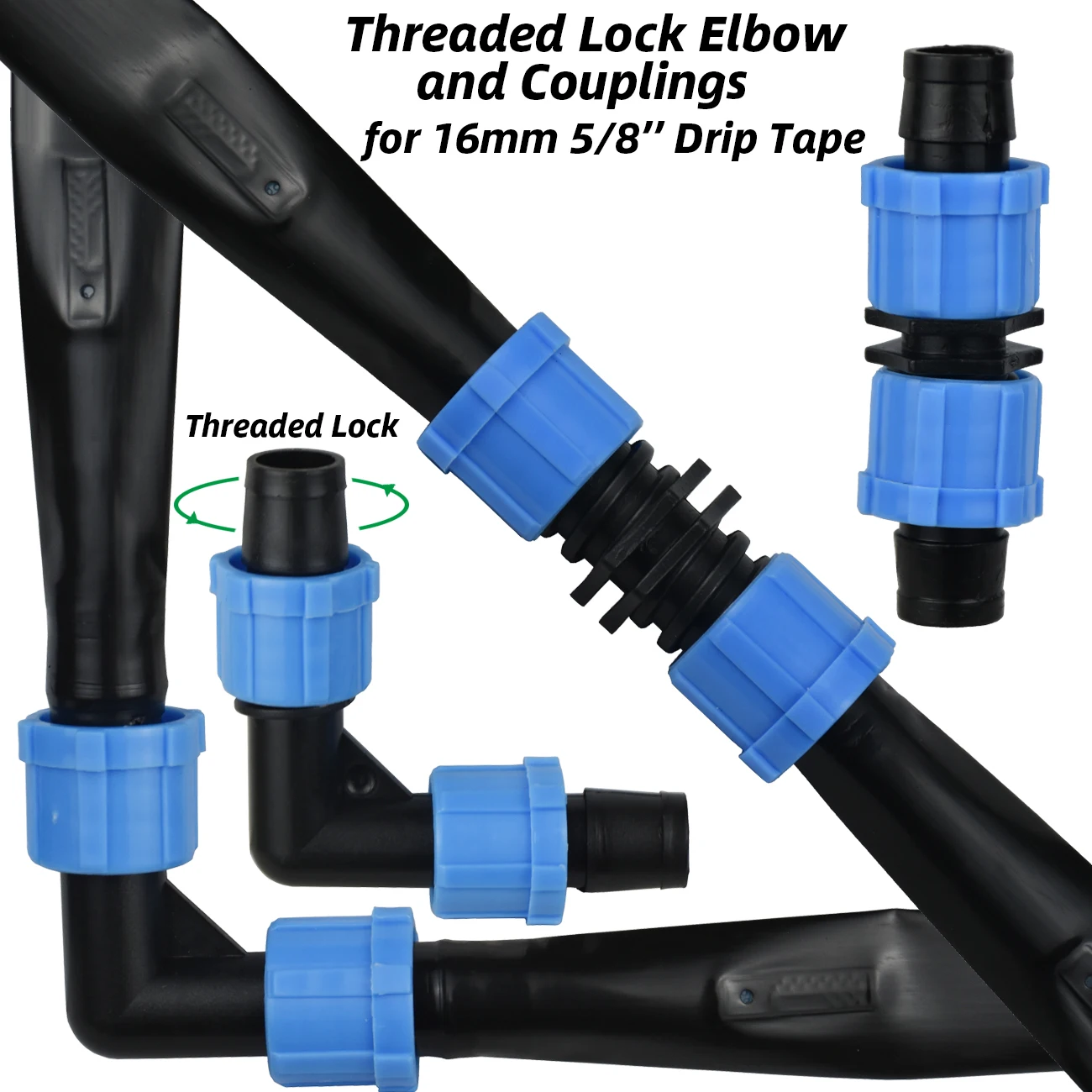 20pcs 16mm Drip Tape Connector Elbow Tee End Plug Threaded Pull-up Locking Joint 5/8 