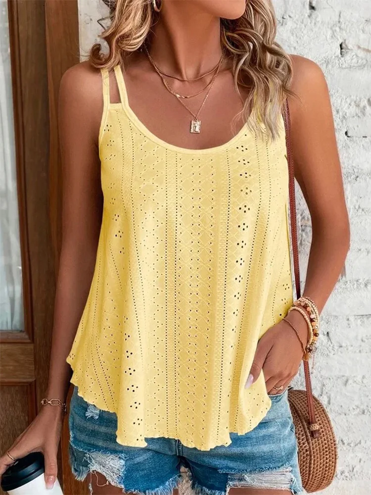 7 Pure Color Hollowed Camisole Women Round Neck Sleeveless Backless Vest Summer Casual T-Shirt Tops