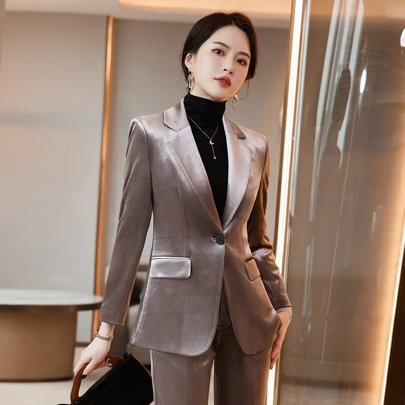 Velvet Formal Women Suit Pants Set Jacket+Trouser 2-Piece High Quality Korean Female Autumn Winter Shiny Warm Work Wear Coat