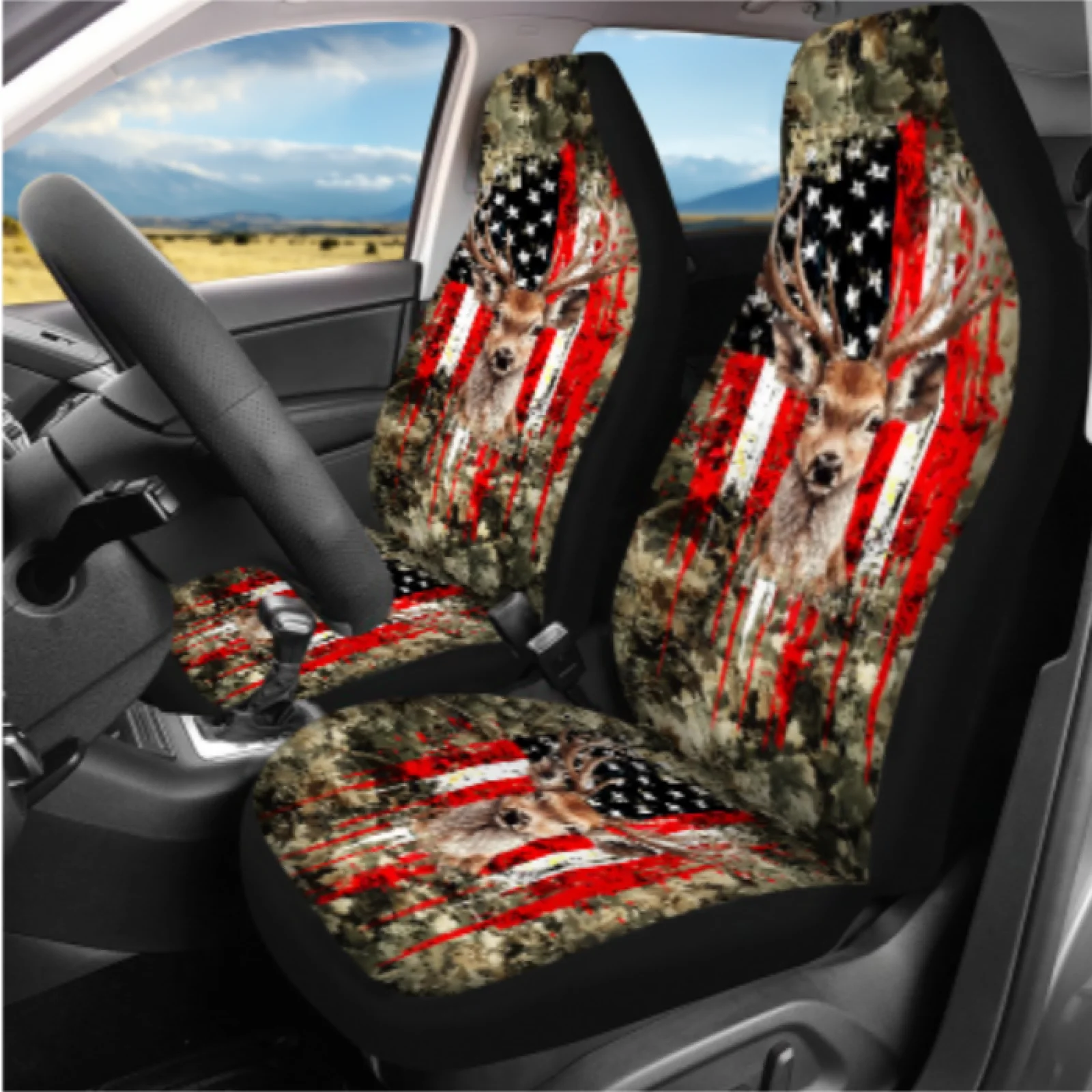 Coloranimal US Flag & Deer 14 Pcs Car Seat Covers Set with Long Lasting Car Console Cover and Key Fob for Hunting