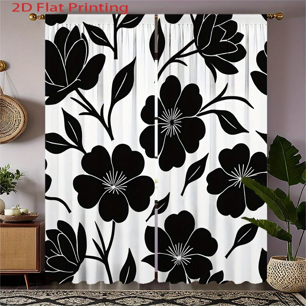2pcs, 2D Flat Printing Curtains Black White Floral Pattern for Amazon US, Rod Pocket Velvet Fabric Window Home Decor