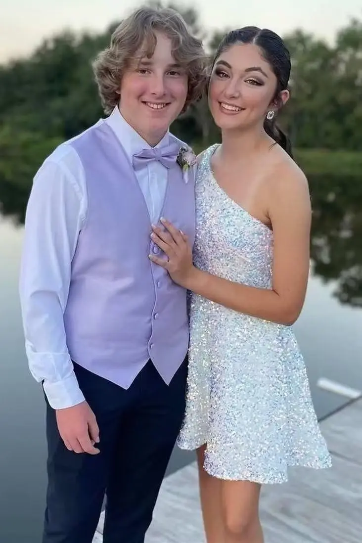 Vestido de baile de lantejoulas de um ombro para adolescentes brilhante curto baile de formatura vestido formal com bolsos vestido de formatura 2026