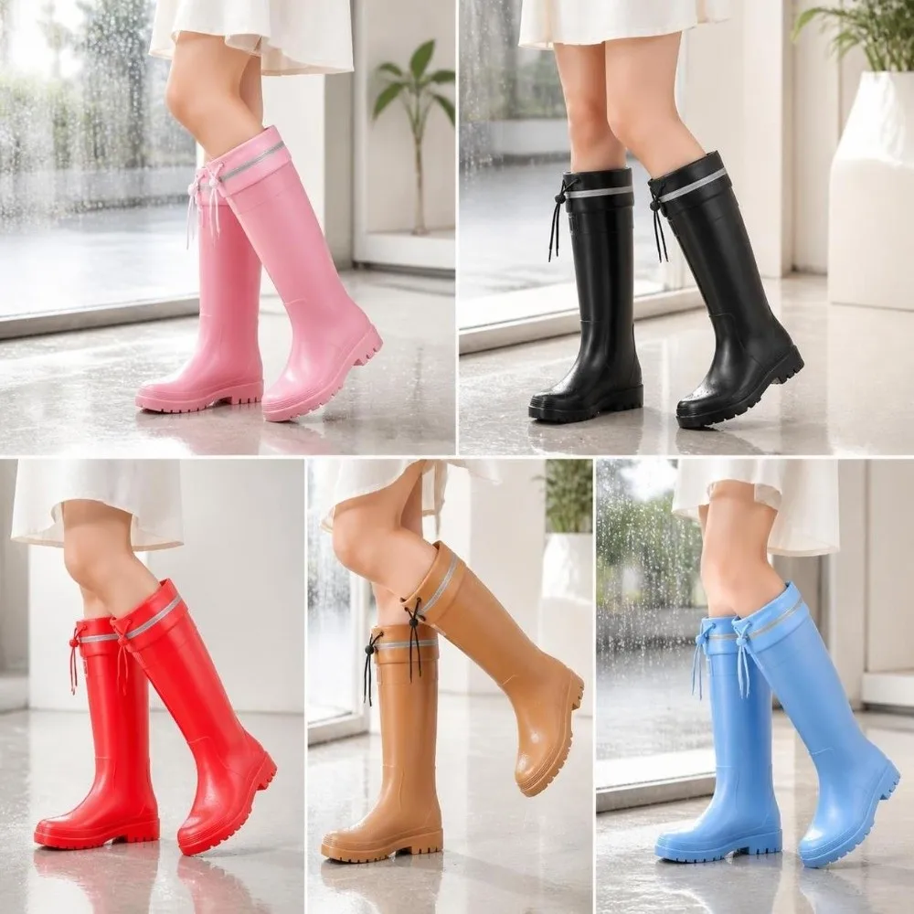 Modische Wasserdichte Wasserschuhe PVC Rutschfeste Damen-Regenstiefel mit Mittelhohem Absatz und Kordelzug Regenwald-Regenschuhe – Detail 8