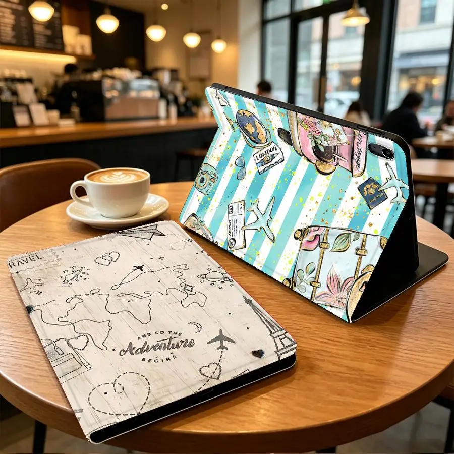 with Pencil Slot Case for Apple iPad Pro11 13 Air 11 13 M4 M3 M2 A16 2026 10th 7/8/9th Air 4/5/6th Airplane Travel Doodle Art