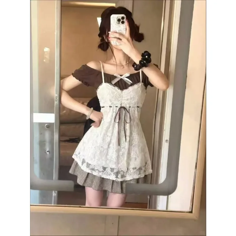 Summer Sweet Three Piece Set Outfits Vintage Lace Camisole Short Sleeve Crop Top Women Retro Preppy Plaid Pleated Skirt Female