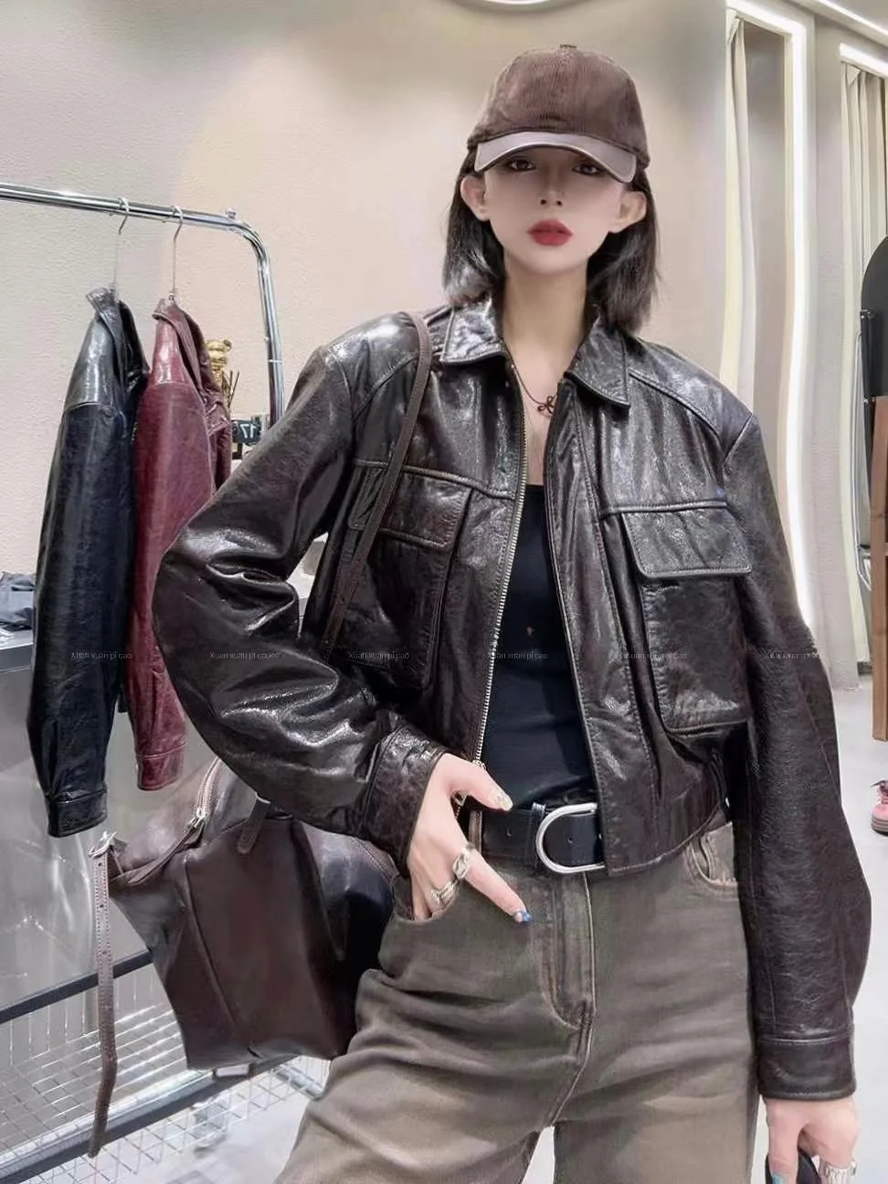 

Slim Fit eepskin Leather Jaet Zipper Motorcycle Jaet Women's Faionable ort Outerwear Long Sve Commute Sle