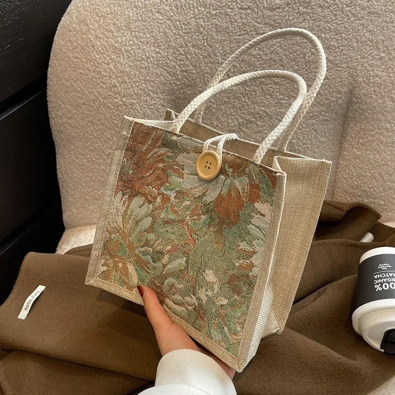 Linen Tote Bag Storage Bag Lunch Pouch Tote Bag Handbag Bento Bag Button Clasp Cute Flower Printing Picnic Food Bento Bag