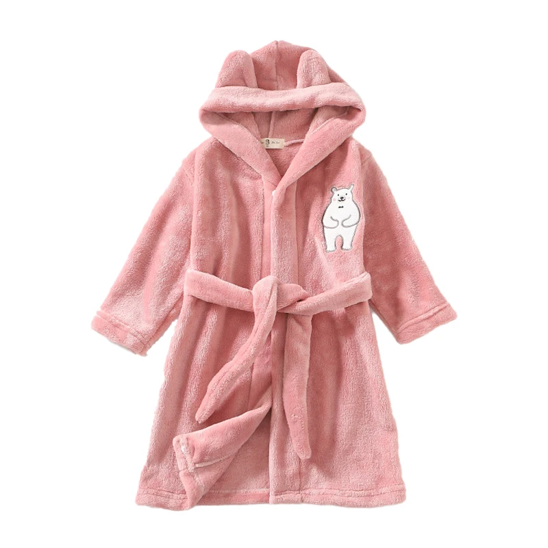 

Winter New Nightgown Solid Color Flannel Bathrobe For Children Long Sleeve Hooded Pajama Casual Loungewear 2-12Year Boy And Girl