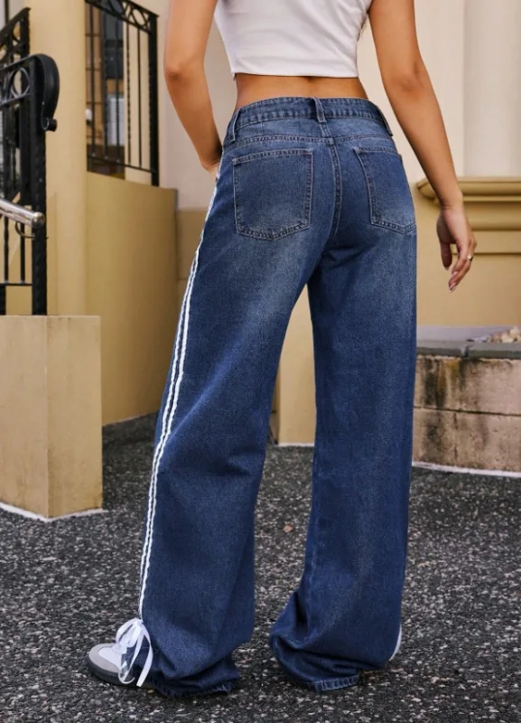 Blauwe wijde pijpen mode denim broek gestreepte vlinderknoop damesjeans hoge taille lange broek casual street style chique jeans