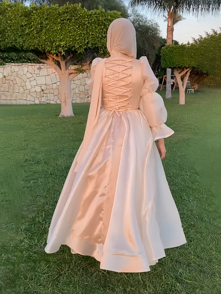 Jirocum High Neck Muslim Prom Dress Women\'s A Line Long Sleeve Party Evening Gown Beaded Saudi Ankle Formal Occasion Dresses