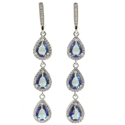 57x9mm European Design Fire Rainbow Mystic Topaz White CZ Woman's Wedding Silver Earrings