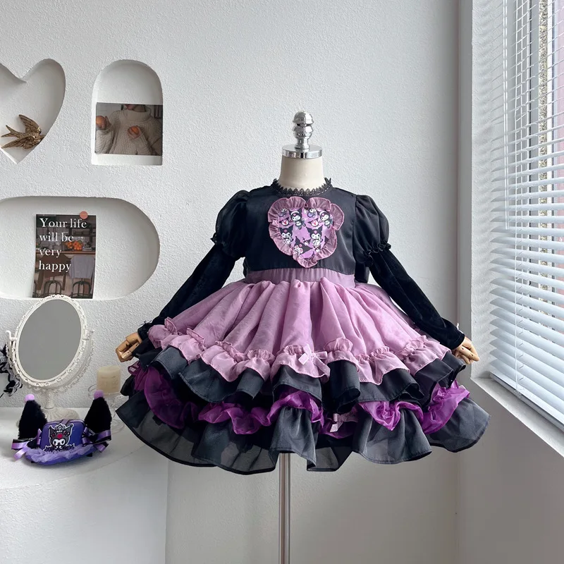 Kuromi-falda de princesa Lolita Sanrios para niñas, Vestido de manga larga, disfraz de Halloween, fiesta de cumpleaños, falda de pastel, regalo para niñas