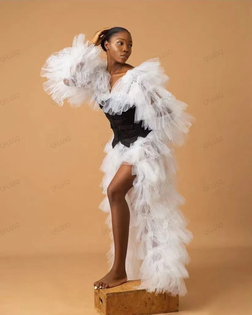 Vestido feminino em camadas brancas avançadas, vestido transparente de tule sem espartilho preto, vestido de festa exuberante com mangas