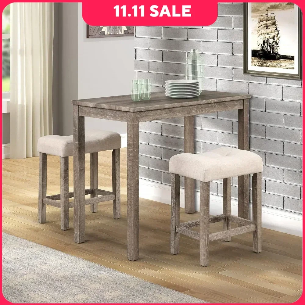 Dining Set for 3, Wood, Taupe, Wood 3-Piece Counter Height Dining Set