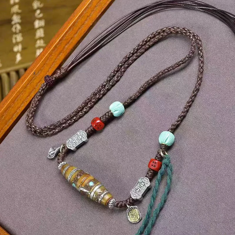 Purely Handmade Braided Rope Necklace Adjustable Tibetan Style Buddhist Beads Backflow Bone Carving Inlaid Dzi Pendant Neck Hang