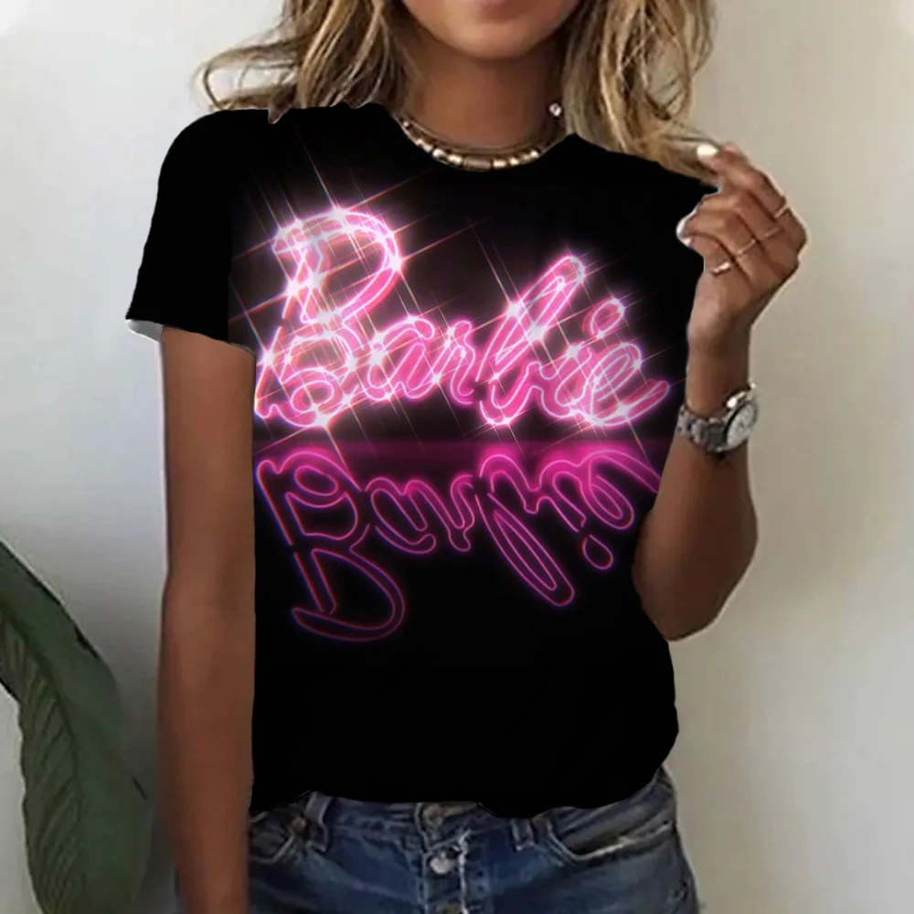 Senhoras barbie manga curta camiseta kawaii, desenho animado, tudo-jogo, gola redonda, anime meninas, camisetas respiráveis, tops presentes, moda, 10 estilos