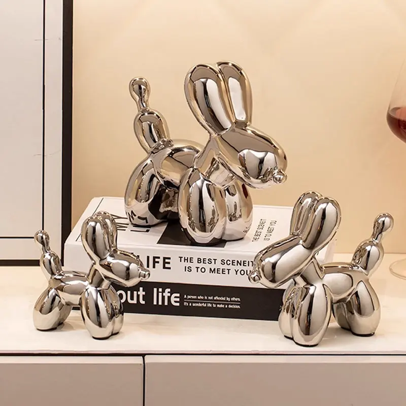 Ceramic Sculptures Silver Balloon Dog Decoration Statue Crafts Figurines Bedrooms Desktop Luxury Home Decor Accessories
