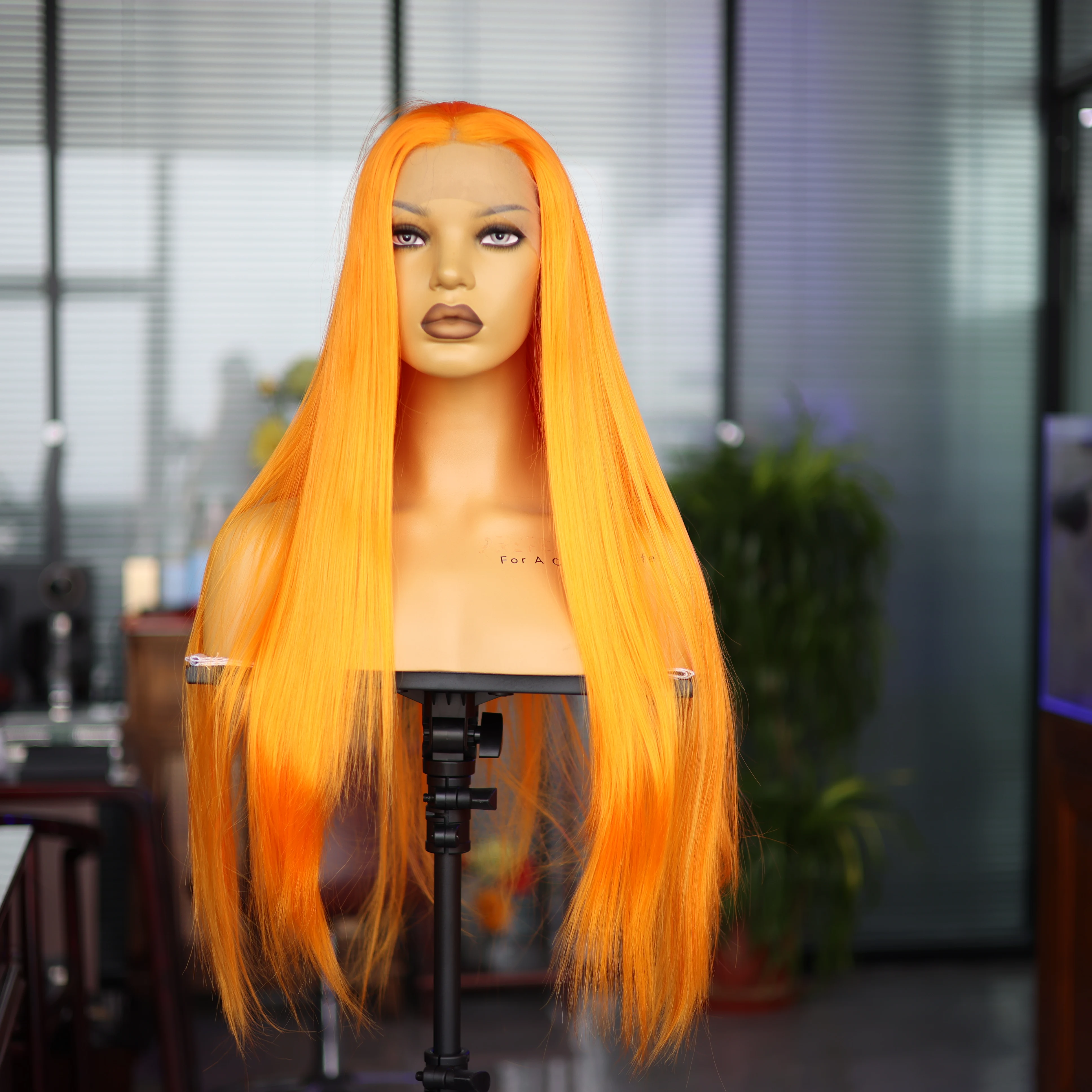 

Orange Front Lace Synthetic Long Straight Wig Natural Hallline Breathable Lightweight Mesh Cap Heat-resistant Party Cosplay Wig