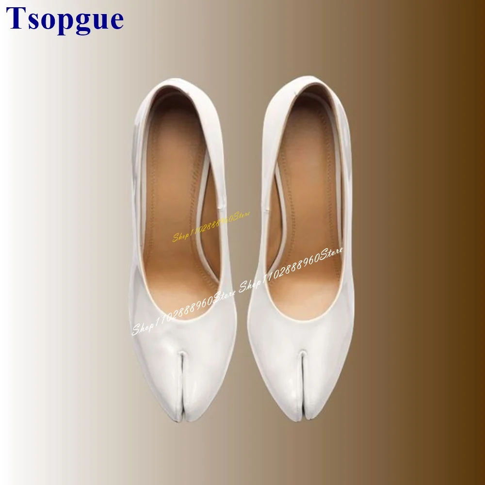 

White Glossy Patent Leather Split Toe Pumps Thin High Heel Women Shoes Slip On Split Toe 2024 Fashionable Zapatos Para Mujere