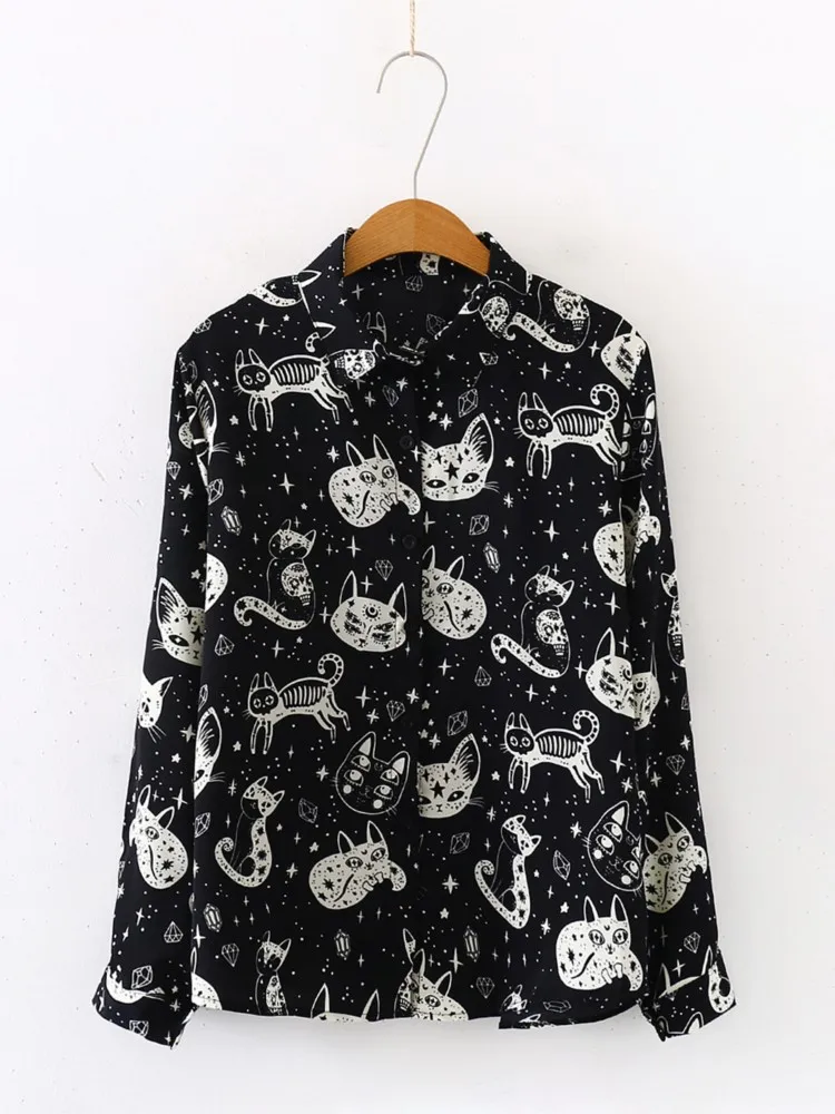 Camisa holgada con estampado de gato para mujer, Top de manga larga con cuello informal de satén, diseño con botones, primavera y otoño, nueva moda