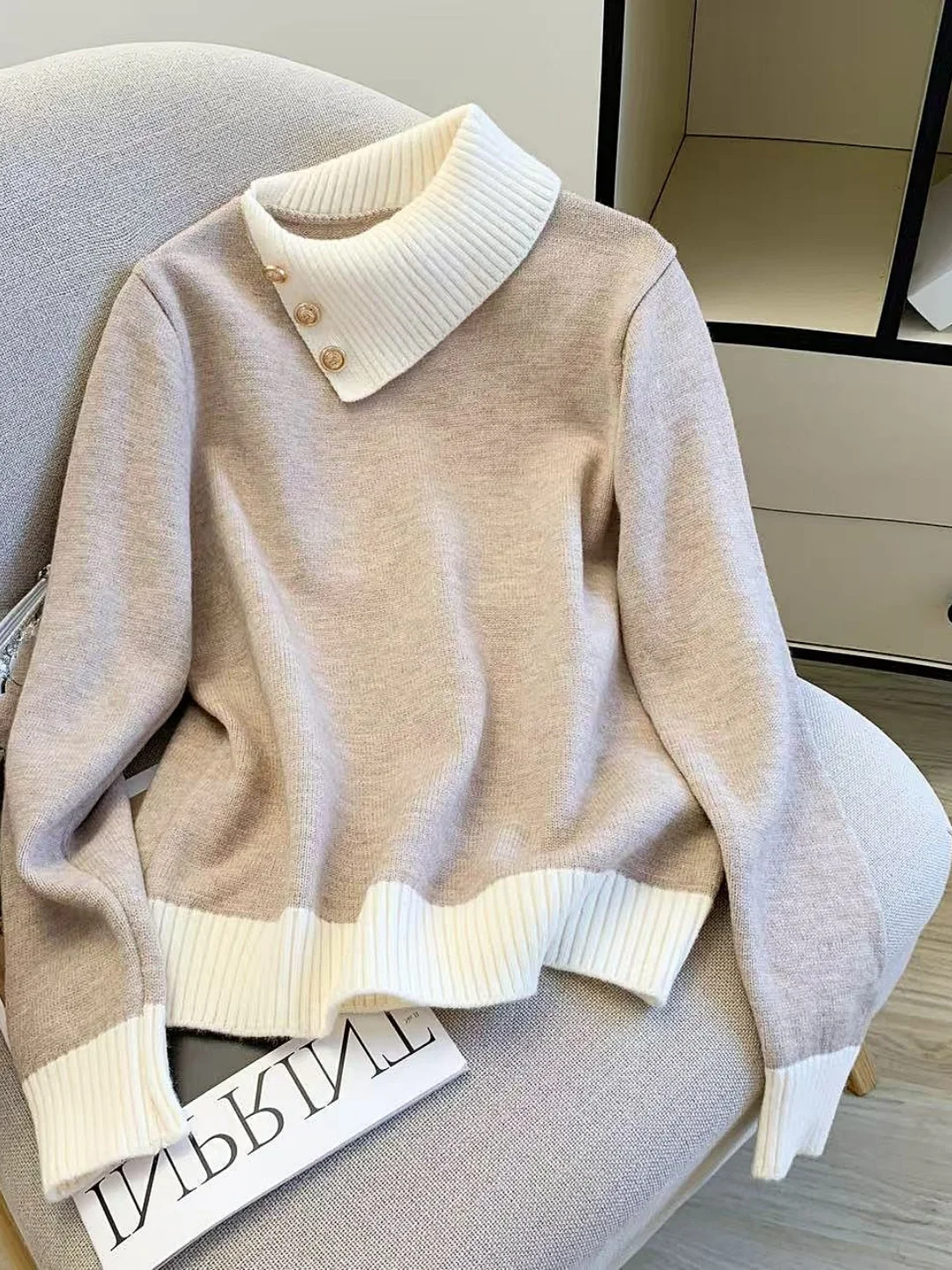 

Korean Design Sense Color Blo Collar Knitted Sweater Women's Autumn Winter New Sle Long Sve Top Chic Trendy