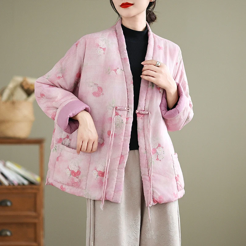 

Элитная женская зимняя куртка в винтажном национальном стиле с пуговицами, свободного кроя, с V-образным вырезом, на открытом груди, больших размеров, теплая, хлопковая