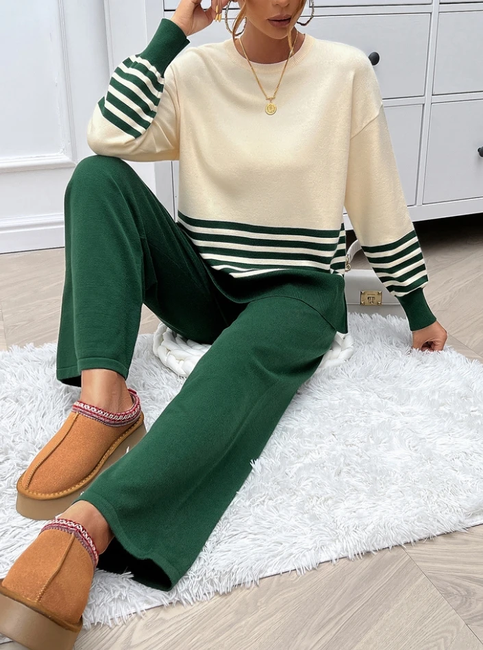 

Women Minimalist Suits 2024 Autumn Winter Latest Loose Contrasting Color Long Sleeve Pullover Top Sweater Straight Leg Pants Set