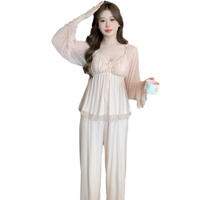 2Pcs Pajamas Suit Spring Summer Long Sleeve Top&pants Pijamas Set Lingerie Women Satin Sleepwear Nightwear Home Clothes