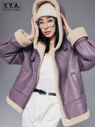 New Designer Women Winter Warm Wool Lining Real Sheep Fur Jacket Loose Fit Lambswool Overcoat Casual Hooded Sheep Shearing Coat