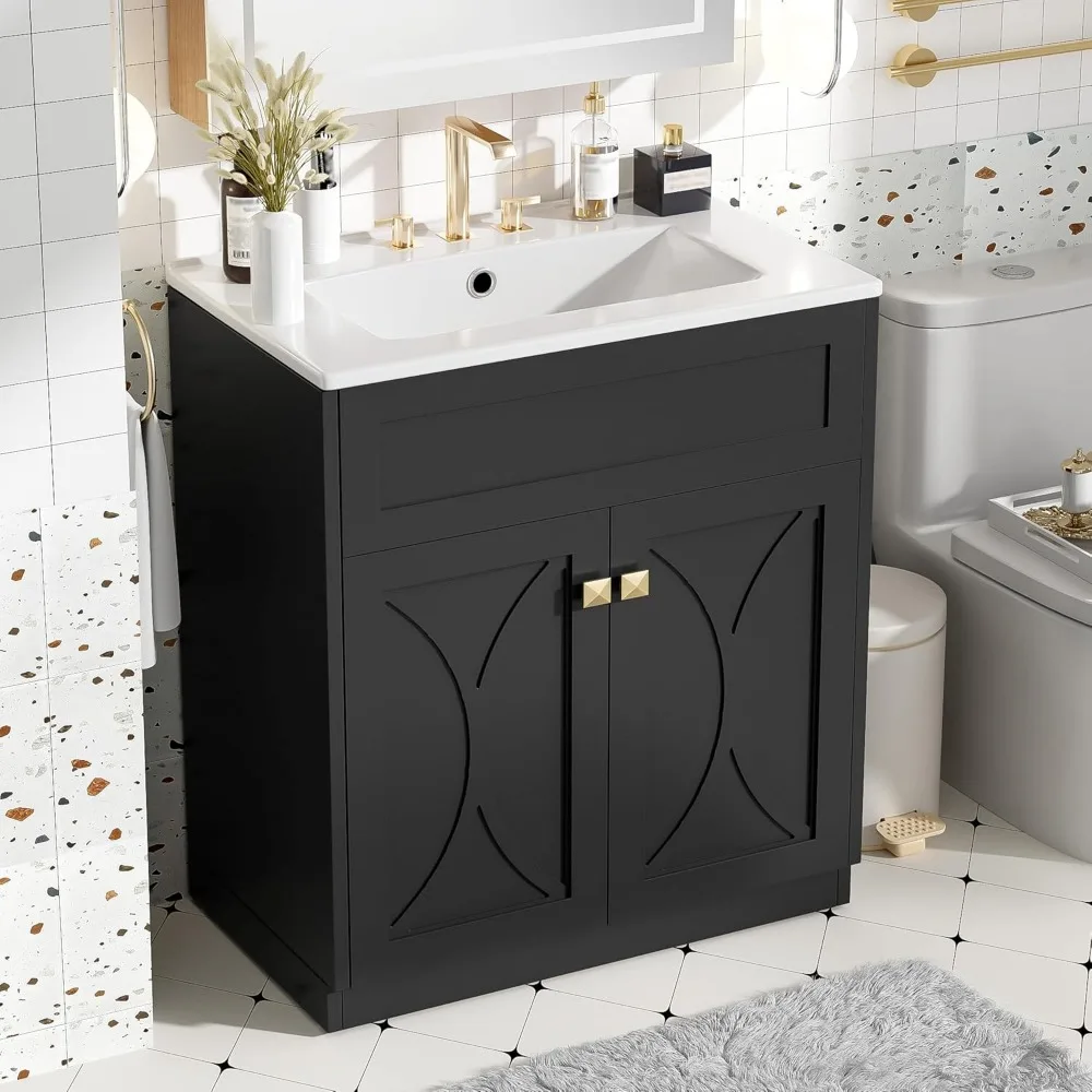 

30'' Bathroom Vanity with Ceramic Sink Combo, Modern Freestanding Storage Cabinet with Gold Handles, Soft Closing Doors (Black)