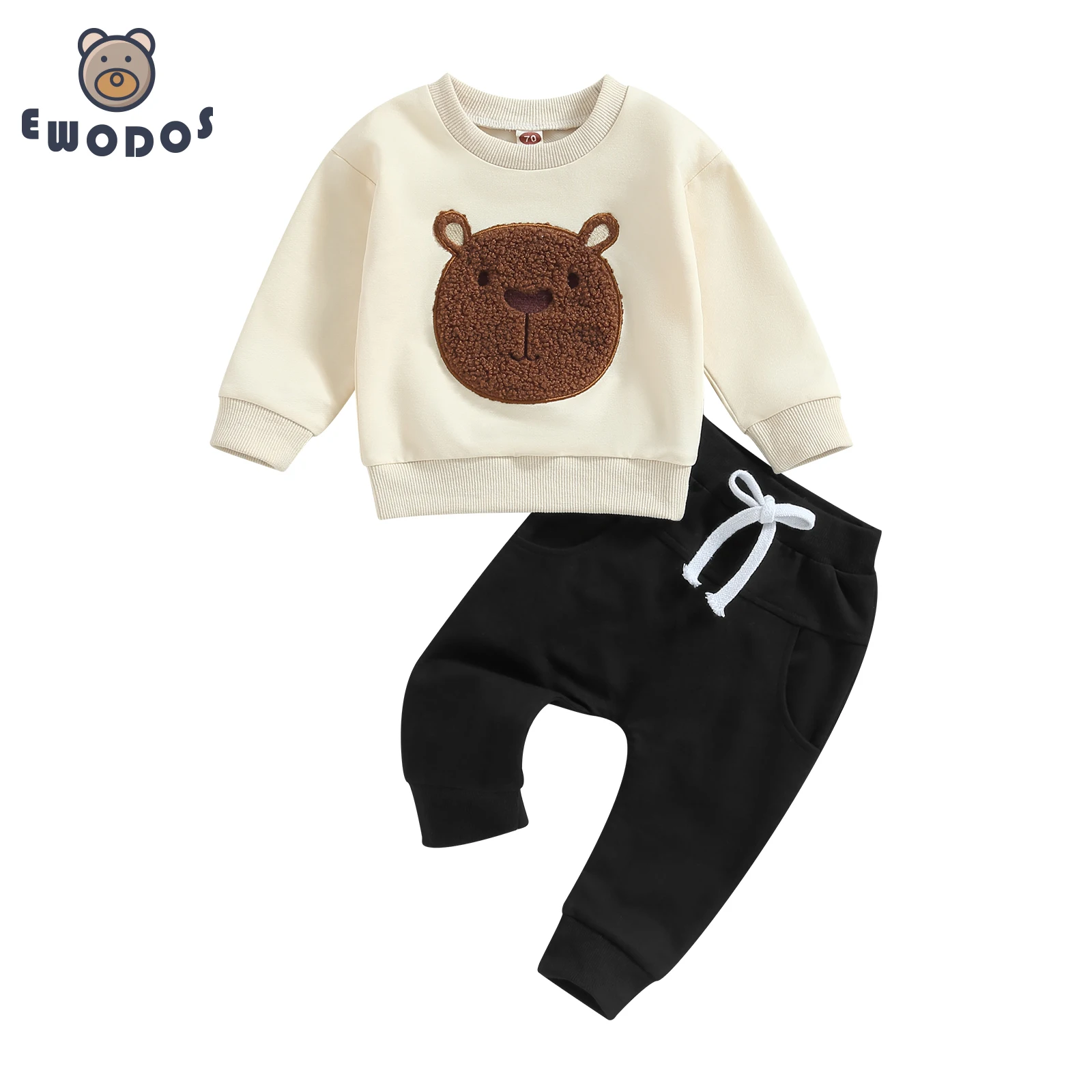 EWODOS Toddler Baby 2Pcs Fall Outfits Sets Long Sleeve Cute Bear Embroidery Tops Long Pants Set Toddler Baby Autumn Warm Clothes