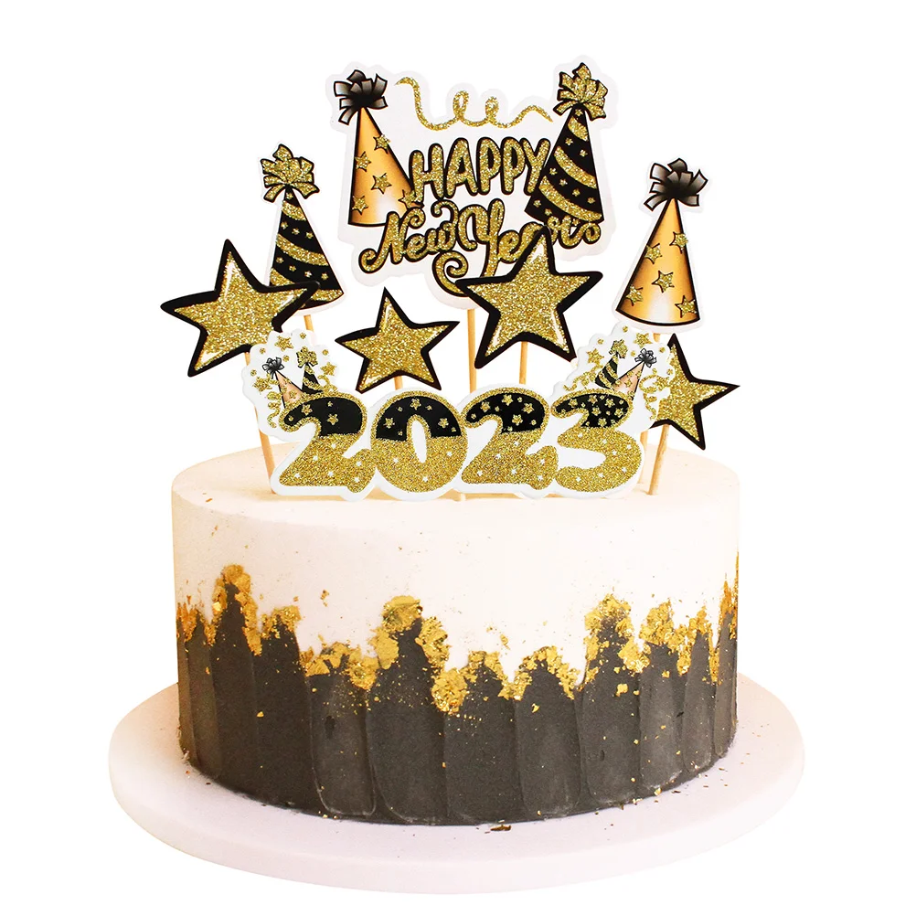 5 Bags 2023 Cake Insert Decorating Tools New Year Dessert Picks Top Hat Toppers for Decoration Inserted Cards Paper