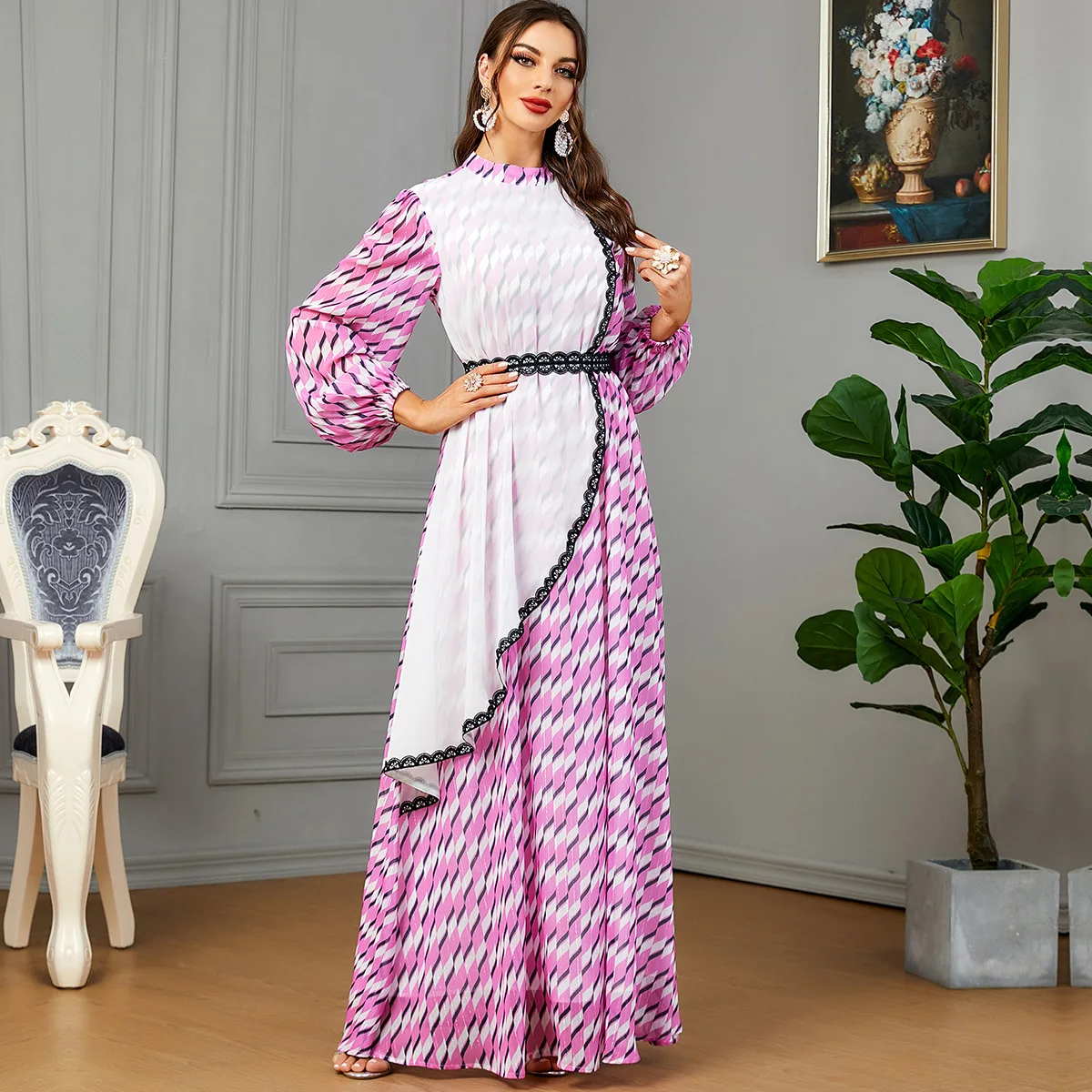 

Eid Print Arab Muslim Party Dress for Women Abaya Jalabiya Long Dresses Belted Morocco Kaftan Vestidos Dubai Ramadan Gown Robe